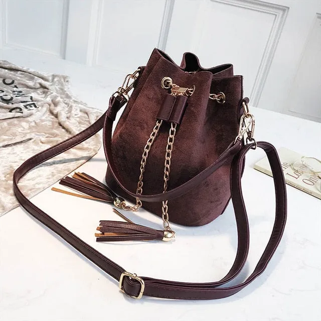 2019 New Mini Crossbody Handbags Cute Suede Bucket Bag Organizer Small Tassel PU Leather Womens Shoulder Messenger Bags Bolsos