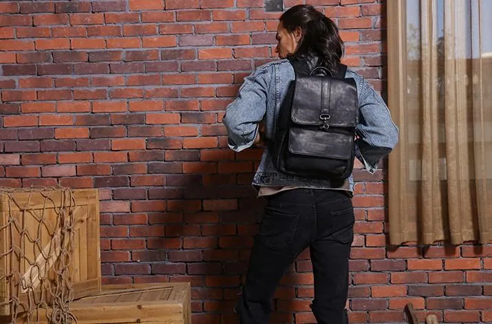 Black Cool Mens Leather Backpacks Travel Backpacks Laptop Backpack for men