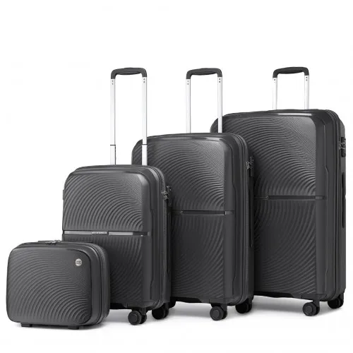 British Traveller 4-Piece Spinner Hard Shell PP Suitcase Set with TSA Lock and Vanity Case - Black