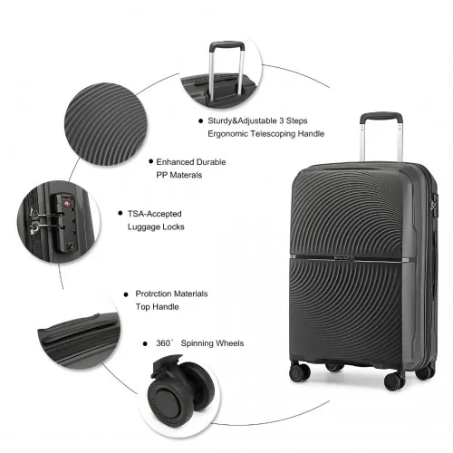 British Traveller 4-Piece Spinner Hard Shell PP Suitcase Set with TSA Lock and Vanity Case - Black