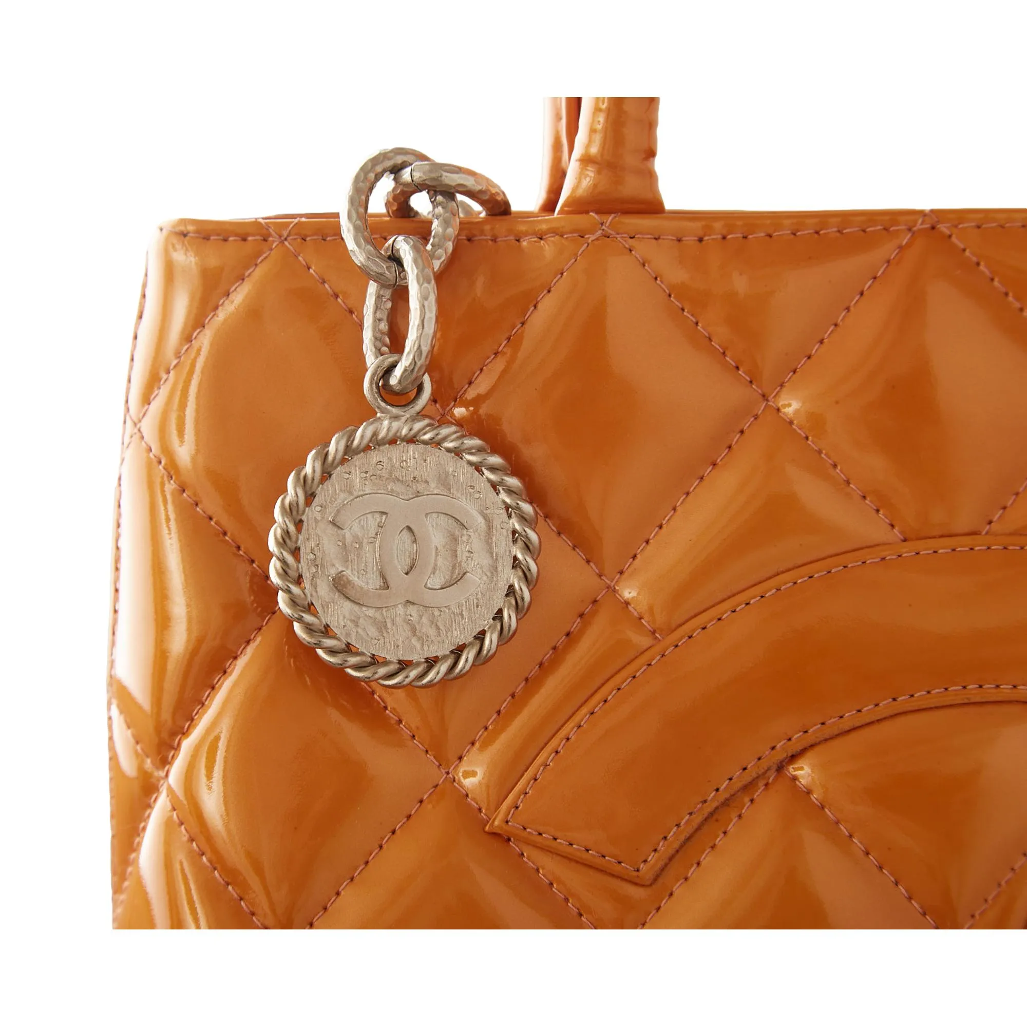 Chanel Orange Patent Quilted Logo Top Handle Bag