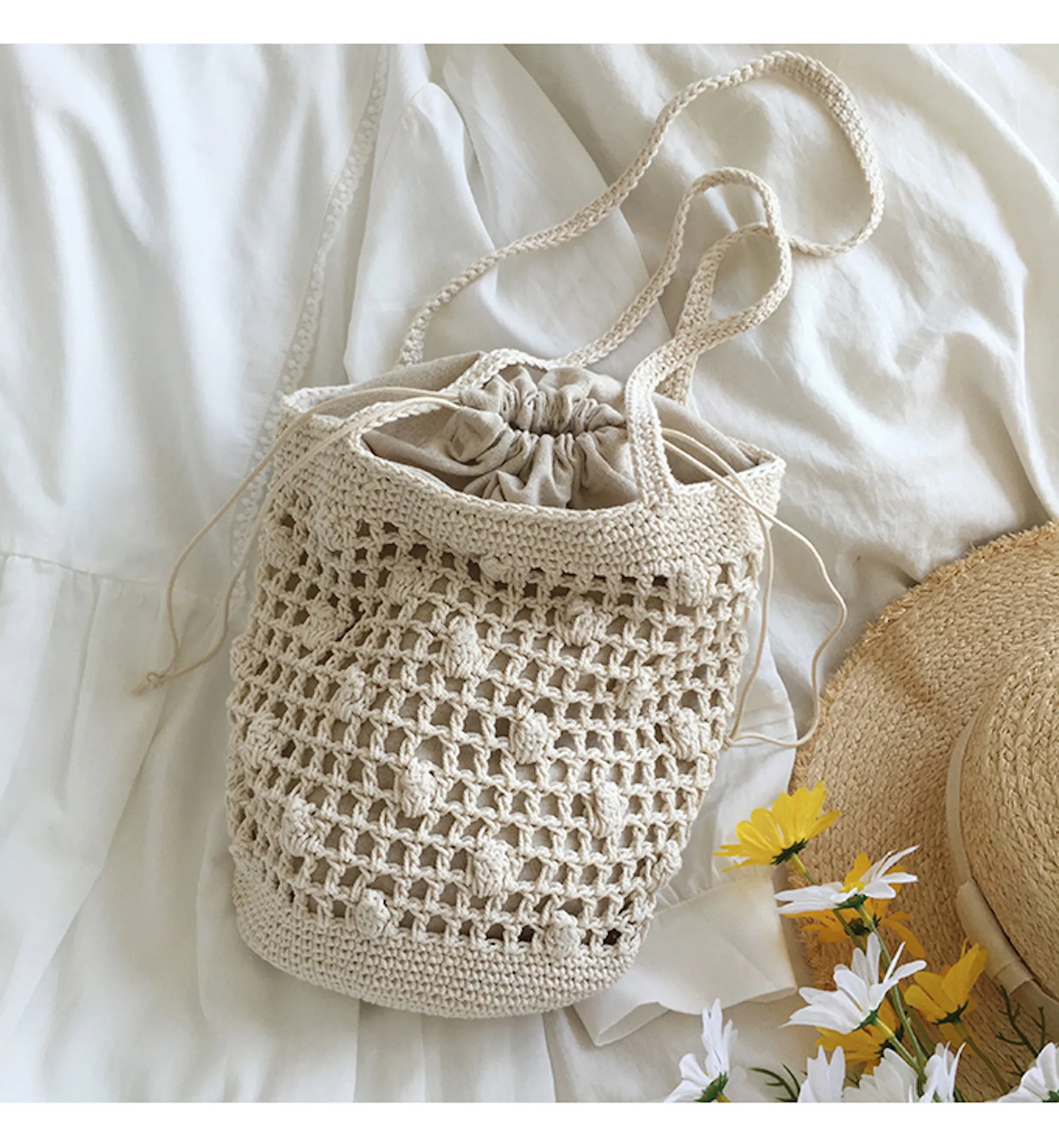 Elena Handbags Crochet Cotton Bucket Shoulder Bag