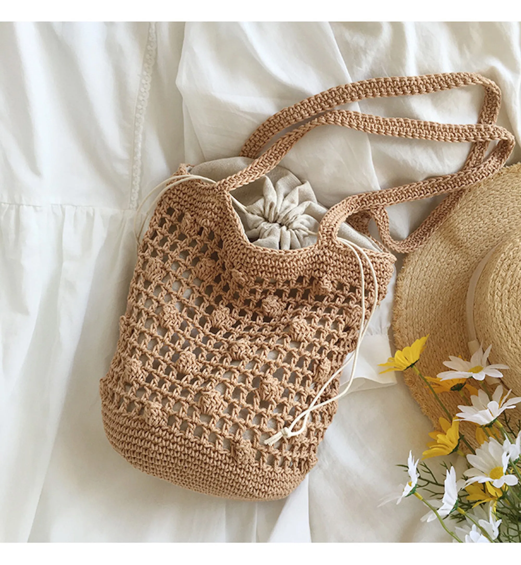 Elena Handbags Crochet Cotton Bucket Shoulder Bag