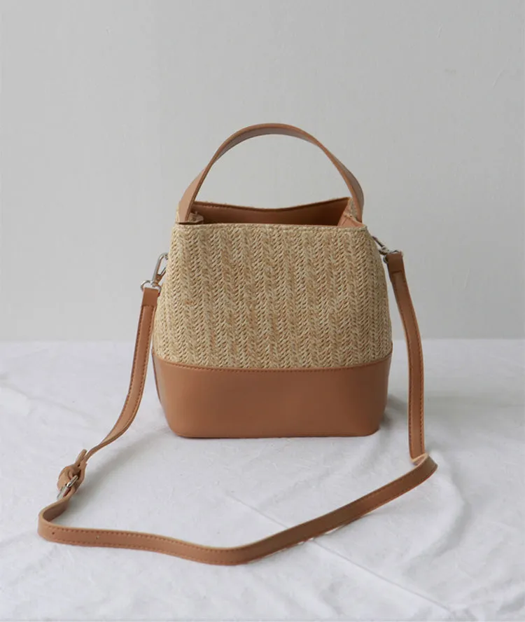 Elena Handbags Straw Woven Bucket Bag with Leather Accent