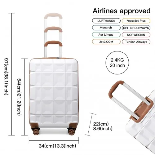 Kono 20 Inch Lightweight Hard Shell ABS Luggage Cabin Suitcase With TSA Lock - White - Durable & Stylish Travel Companion