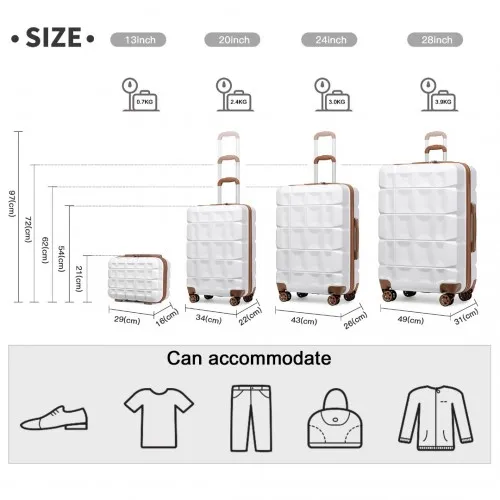 Kono Lightweight Hard Shell ABS Suitcase Set with TSA Lock and Vanity Case - 4 Piece Set in White