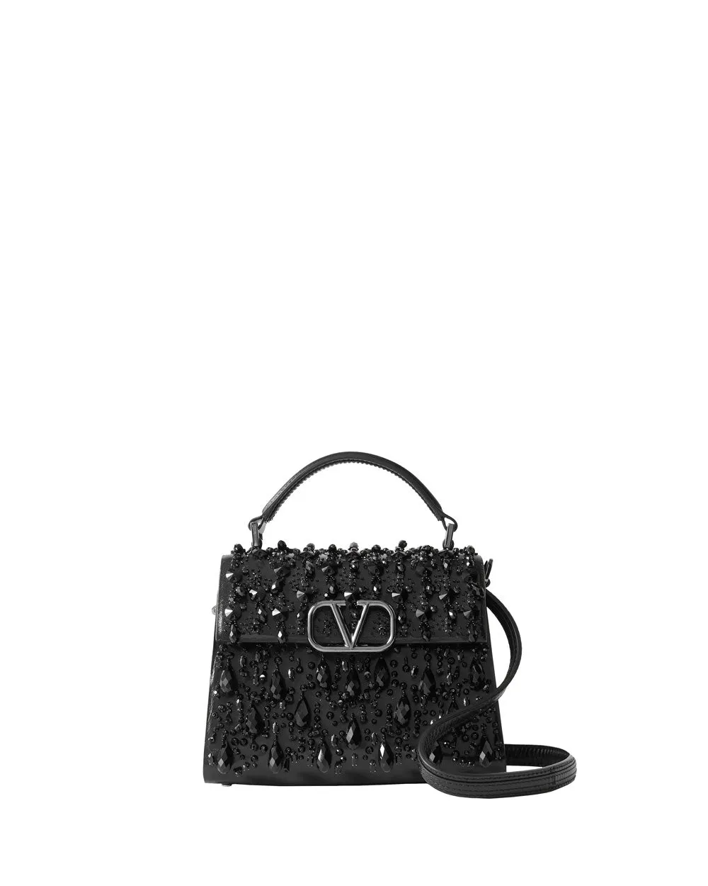 Mini VSling Rhinestone Minaudiere Top Handle Bag in Nero