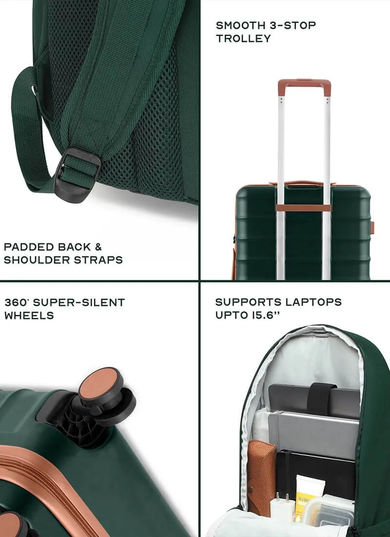 Odyssey Set of 3 & Float Backpack Combo | Forest Green | Cab Med Lar Hard Luggage & Backpack